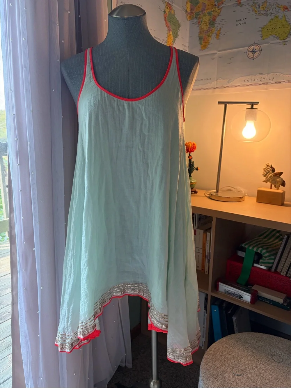 Free People Aqua/Mint Green Asymmetrical Slip Dress with Coral Trim